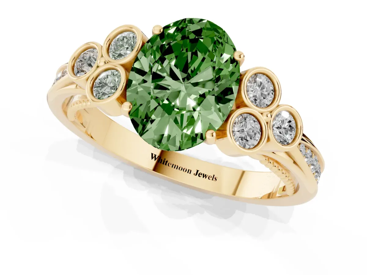 Fancy Green Oval Cut Cut Diamond Engagement Ring with Bezel Set Round Side Stones and Prong Setting Yellow gold
