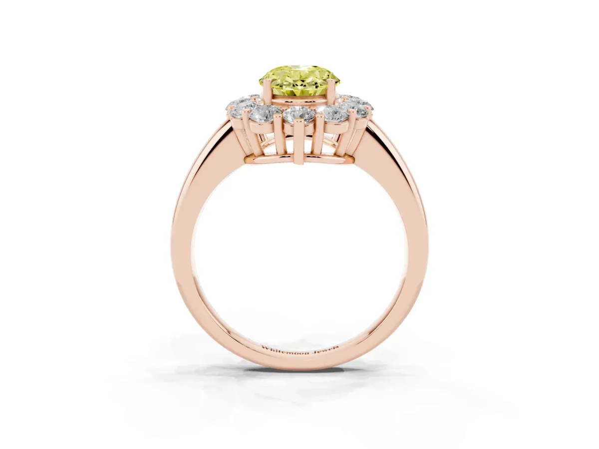 Fancy Yellow Oval Cut Halo Cluster Diamond Engagement Ring with Prong Setting and Polished Band Rose gold