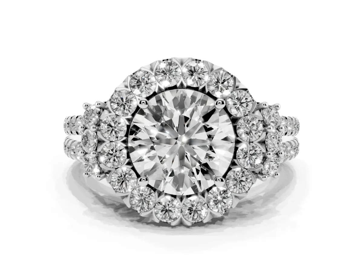Round Cut Cut Double Halo Diamond Engagement Ring with Pave Band and Four-Prong Setting Platinum