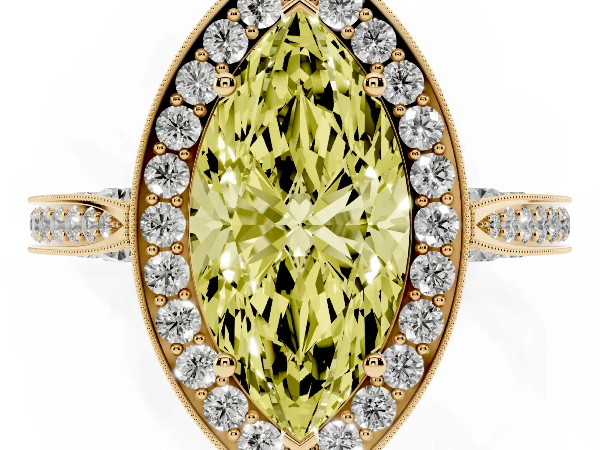 Fancy Yellow Marquise Cut Halo Diamond Engagement Ring with Split Shank Band and Four-Prong Setting Yellow gold