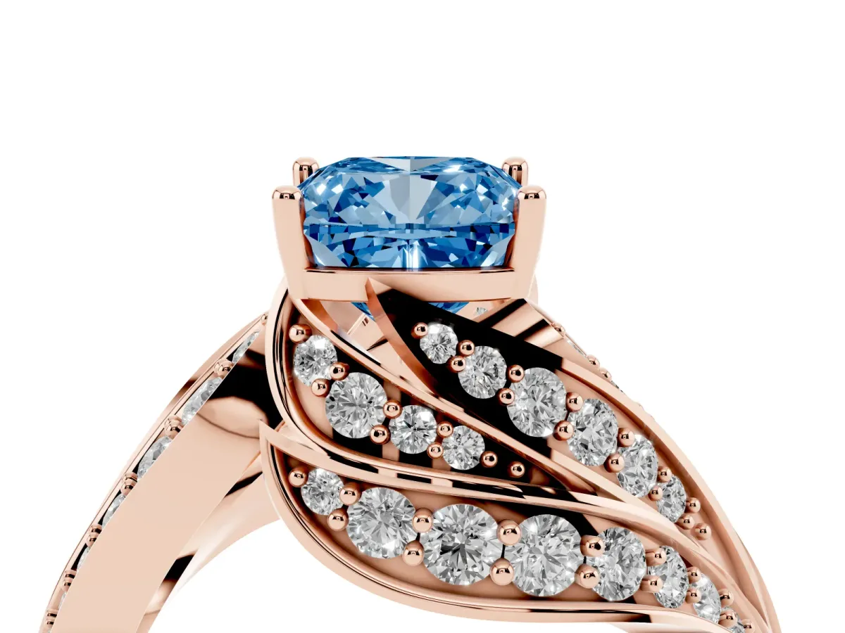 Fancy Blue Cushion Cut Diamond Solitaire Ring with Prong Setting and Twisted Pavé Band Rose gold