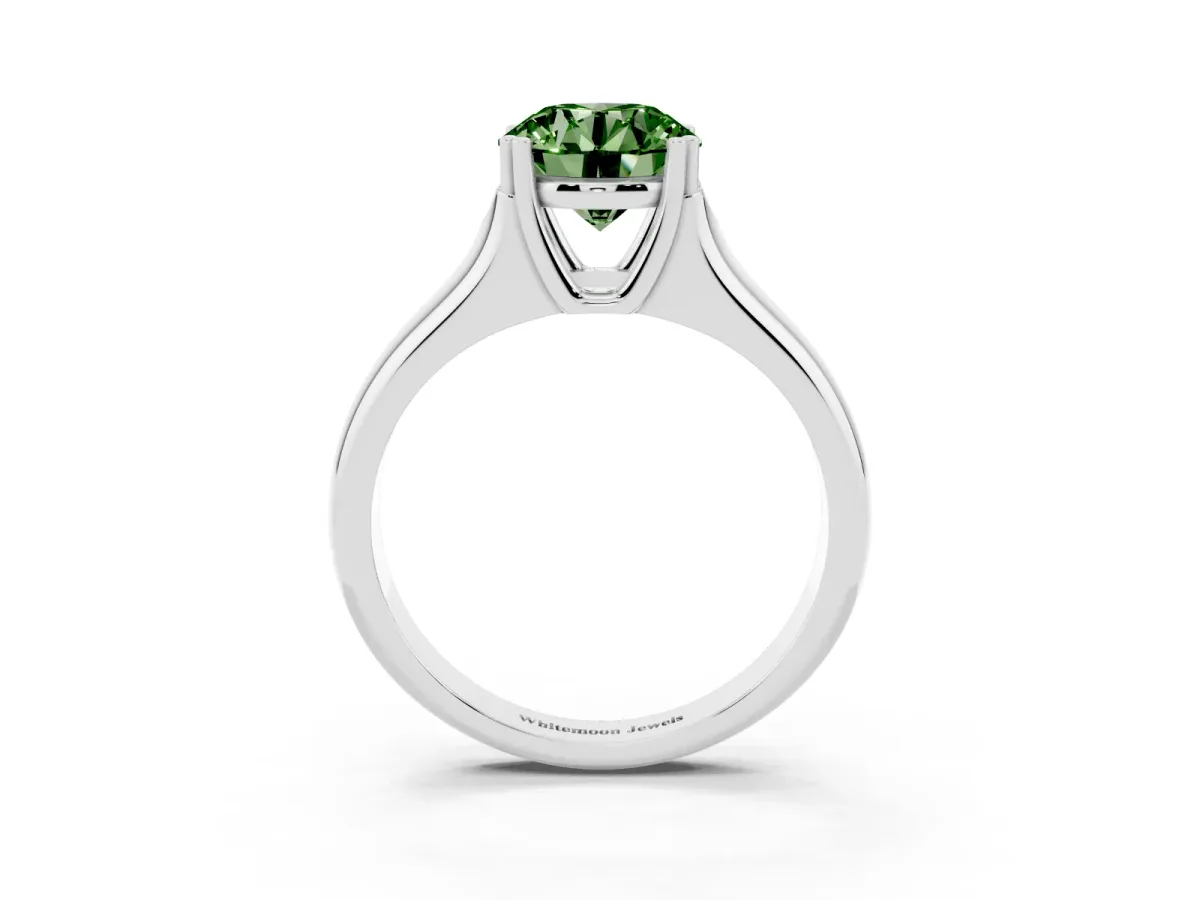 Fancy Green Round Cut Diamond Solitaire Ring with Wide Band and Prong Setting Silver