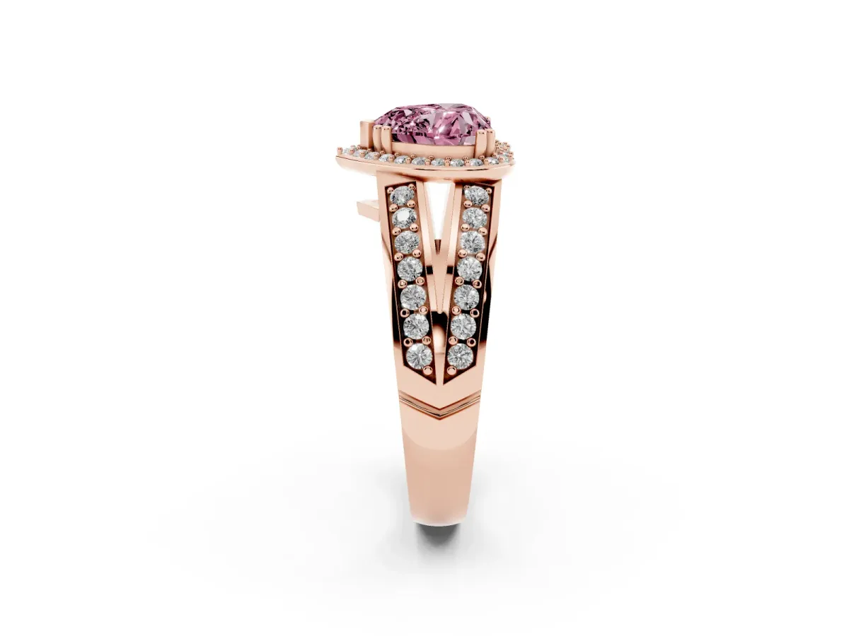 Fancy Pink Heart Cut Diamond Halo Ring with Split Shank Pavé Band and Four-Prong Setting Rose gold
