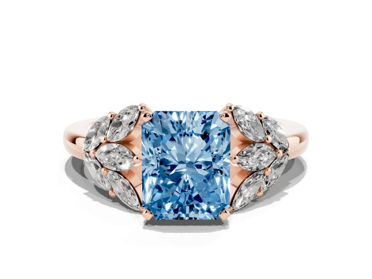 Fancy Blue Radiant Cut Diamond Cluster Leaf Design Ring with Prong Setting Rose gold