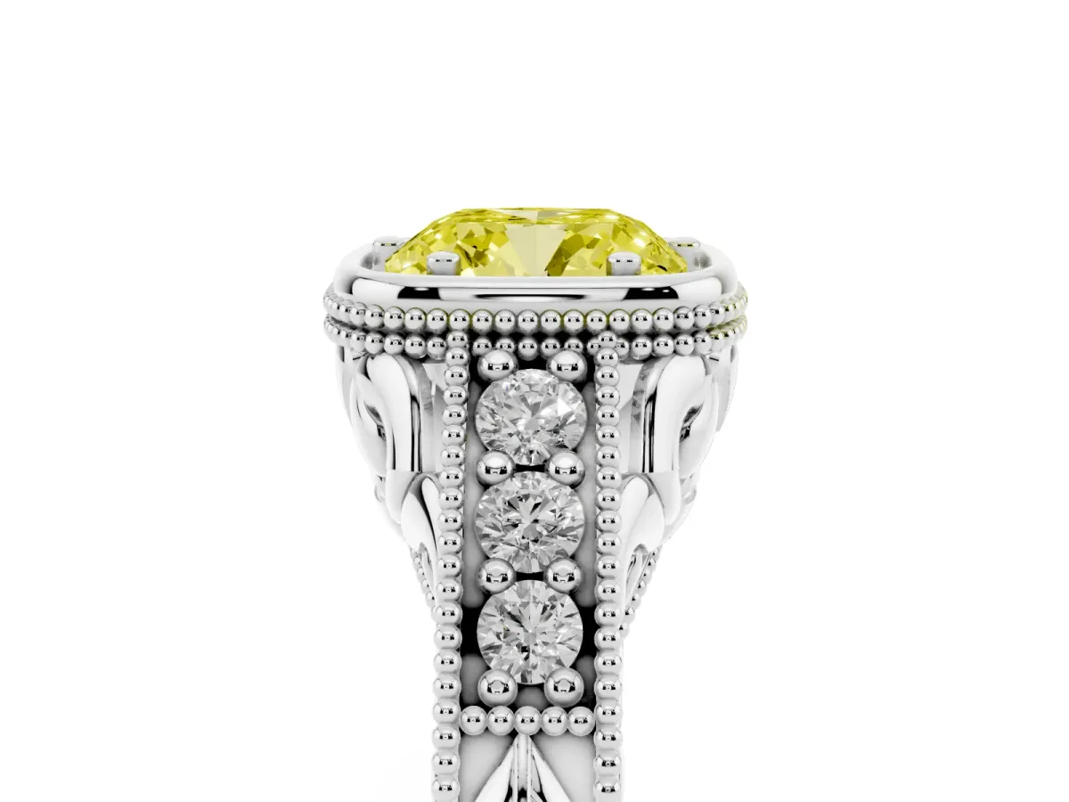 Fancy Yellow Bezel Set Cushion Cut Diamond Milgrain Pave Engagement Ring Silver