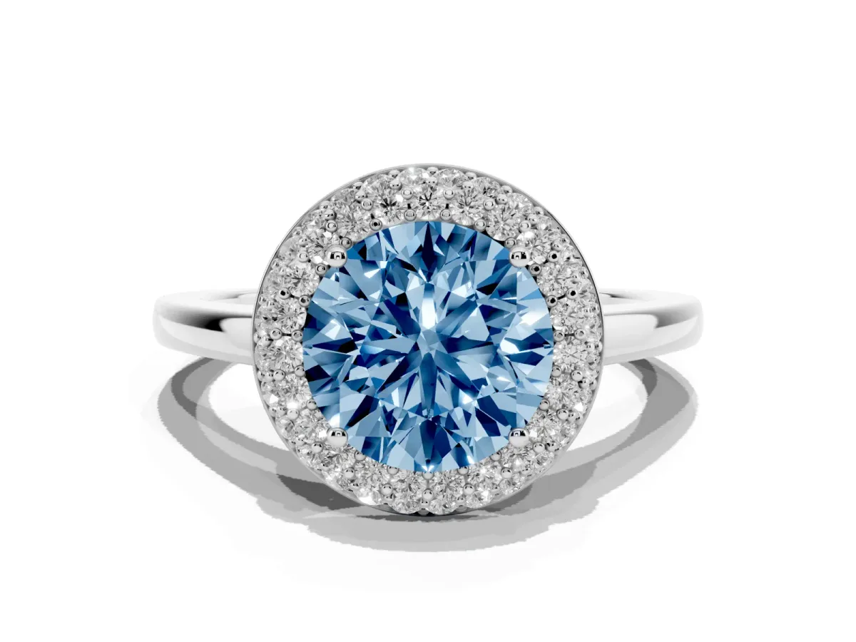 Fancy Blue Round Cut Halo Diamond Engagement Ring with Solitaire Band and Four-Prong Setting Silver