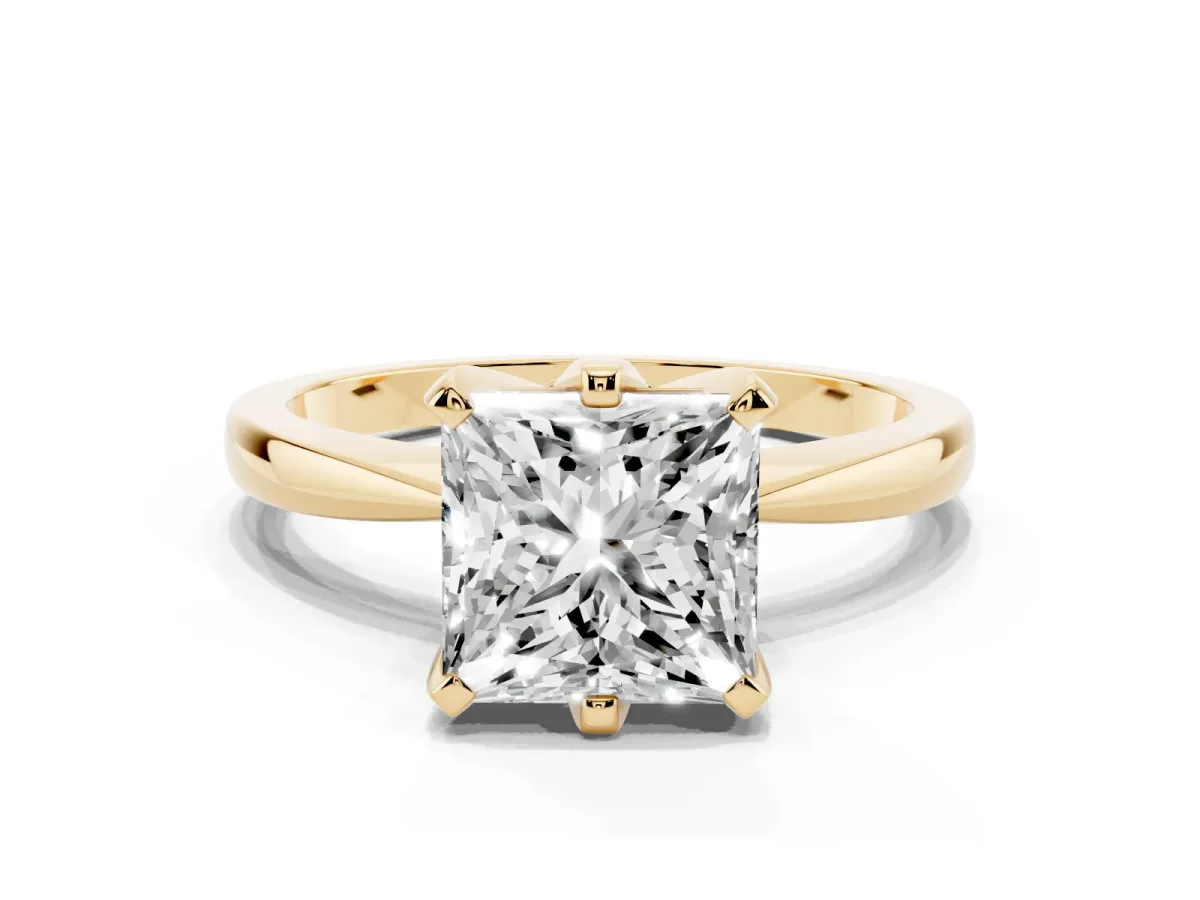 Princess Cut Solitaire Engagement Ring with Six-Prong Setting and Tapered Band Yellow gold