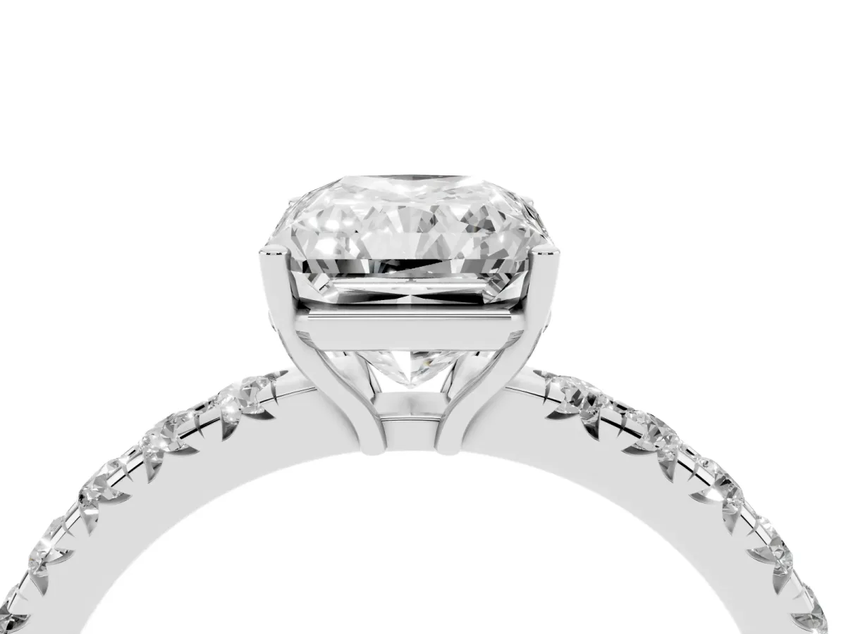 Radiant Cut Diamond Pavé Solitaire Engagement Ring with Four-Prong Setting Platinum