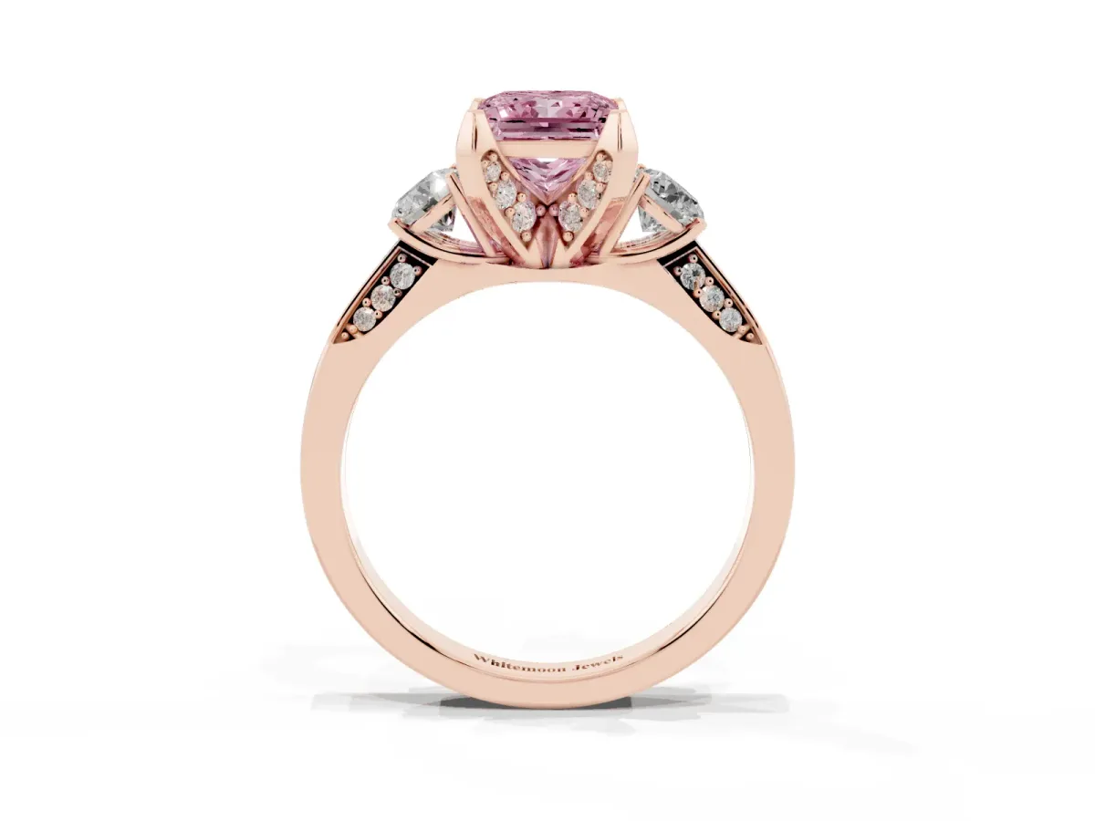 Fancy Pink Princess Cut Brilliant Three-Stone Diamond Ring with Pavé Band and Four-Prong Setting Rose gold