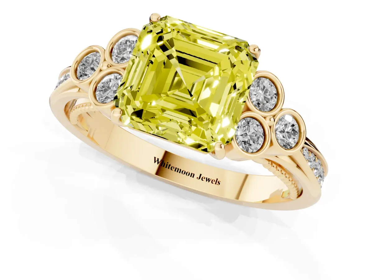 Fancy Yellow Asscher Cut Cut Diamond Engagement Ring with Bezel Set Round Side Stones and Prong Setting Yellow gold