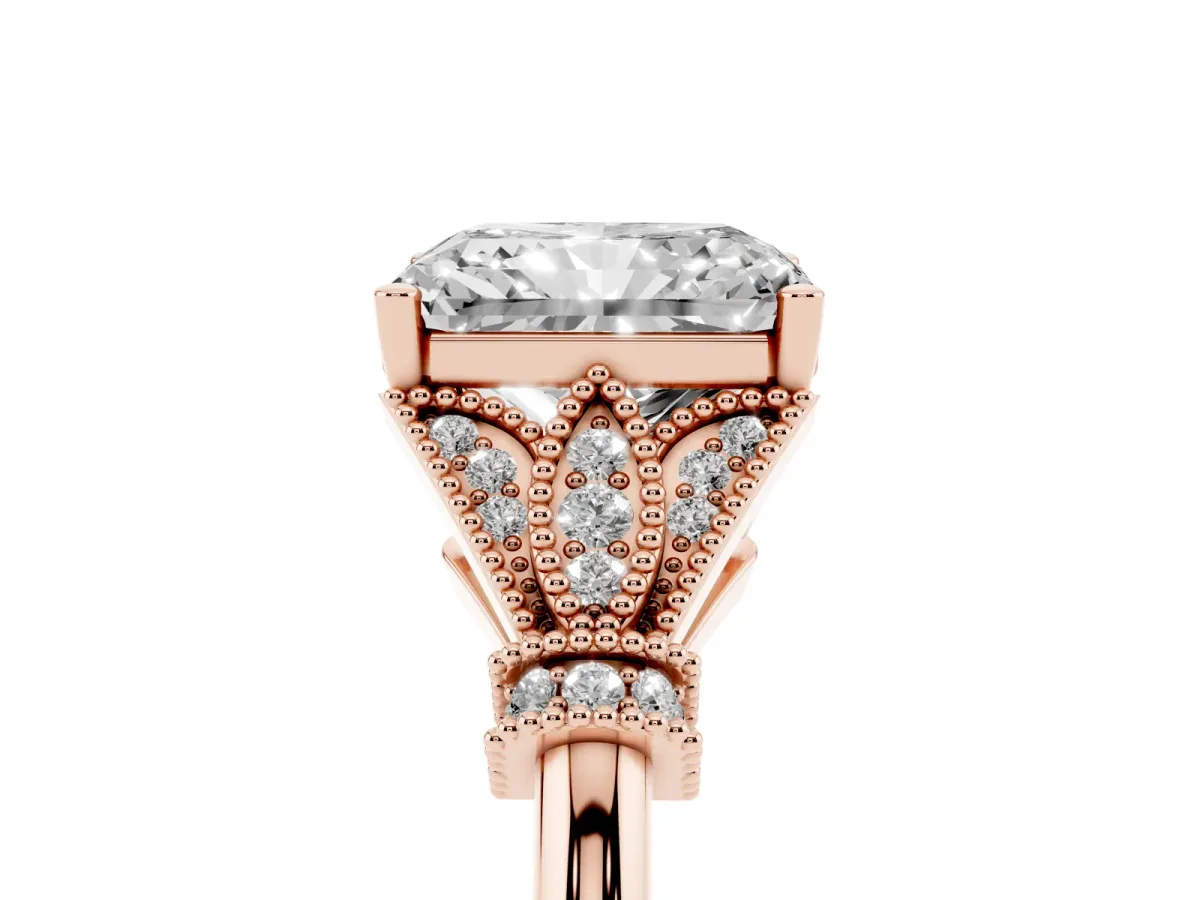 Radiant Cut Diamond Solitaire Ring with Floral Filigree and Pave Accents Rose gold