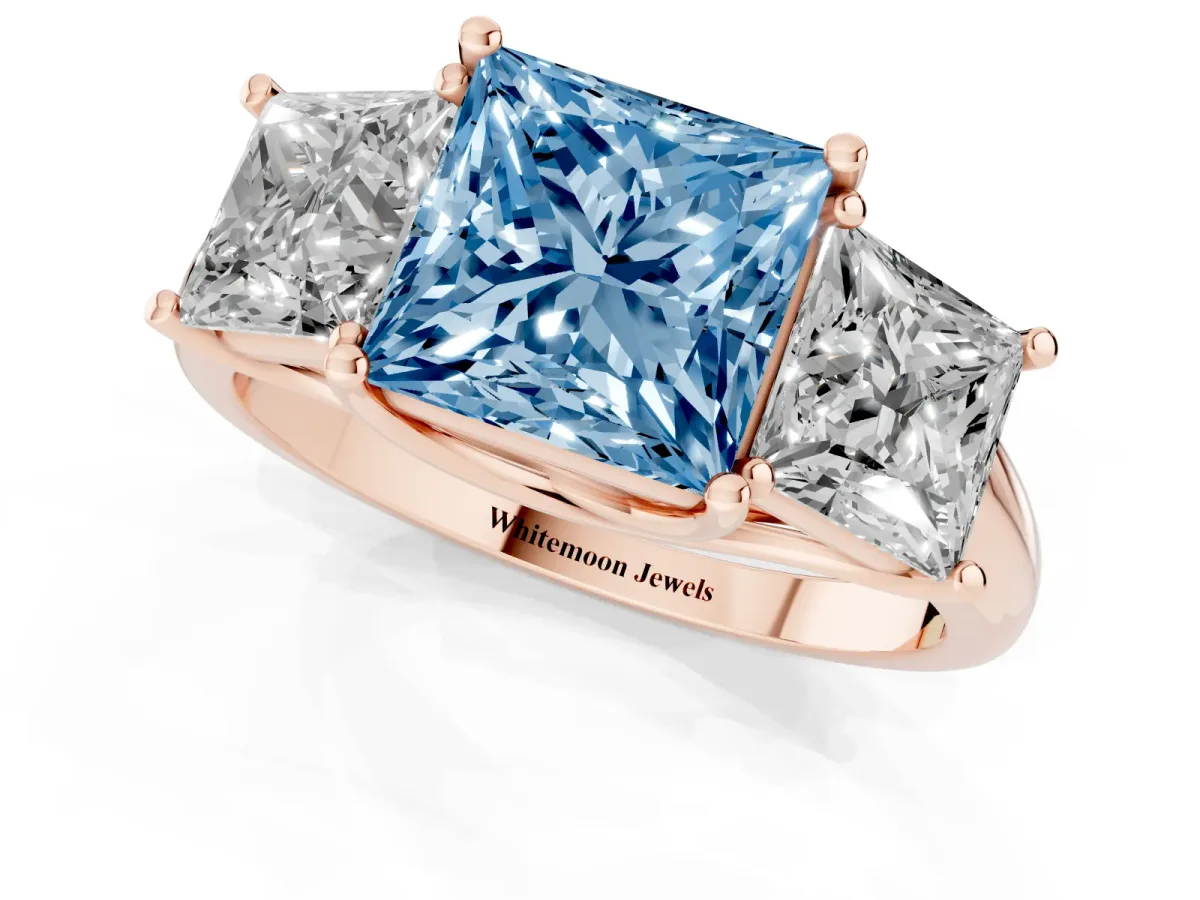 Fancy Blue Three-Stone Princess Cut Diamond Engagement Ring with Prong Setting Rose gold