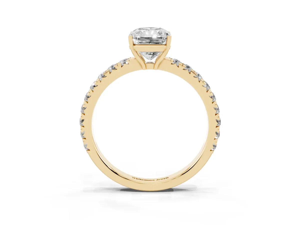 Radiant Cut Diamond Pavé Solitaire Engagement Ring with Four-Prong Setting Yellow gold