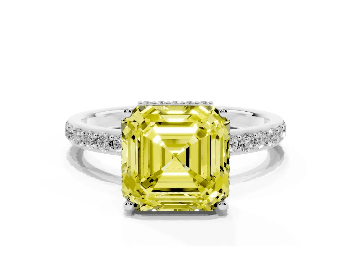 Fancy Yellow Asscher Cut Diamond Solitaire Ring with Pavé Band and Hidden Halo Platinum