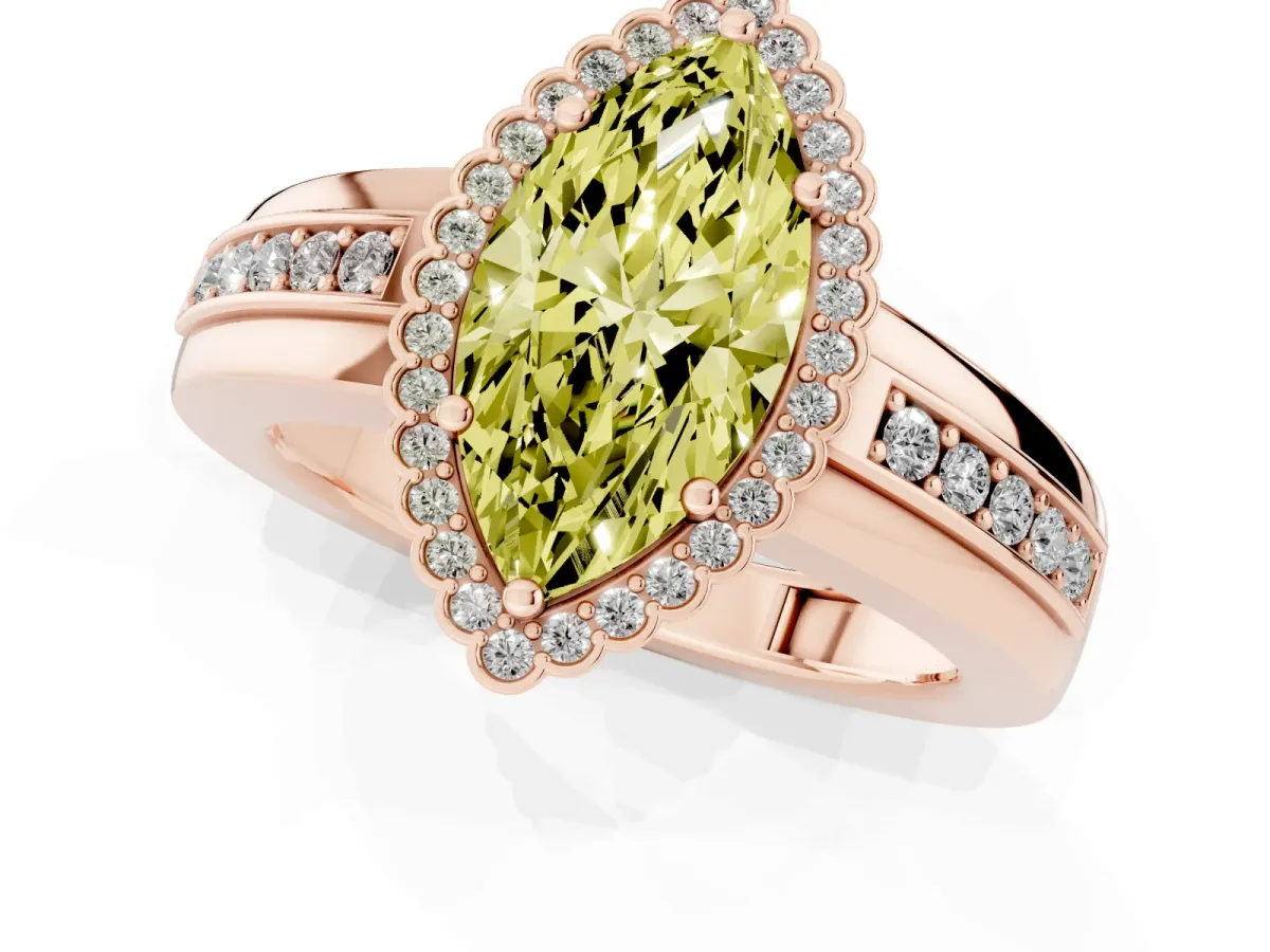 Fancy Yellow Marquise Cut Cut Halo Pave Band Four-Prong Ring Rose gold