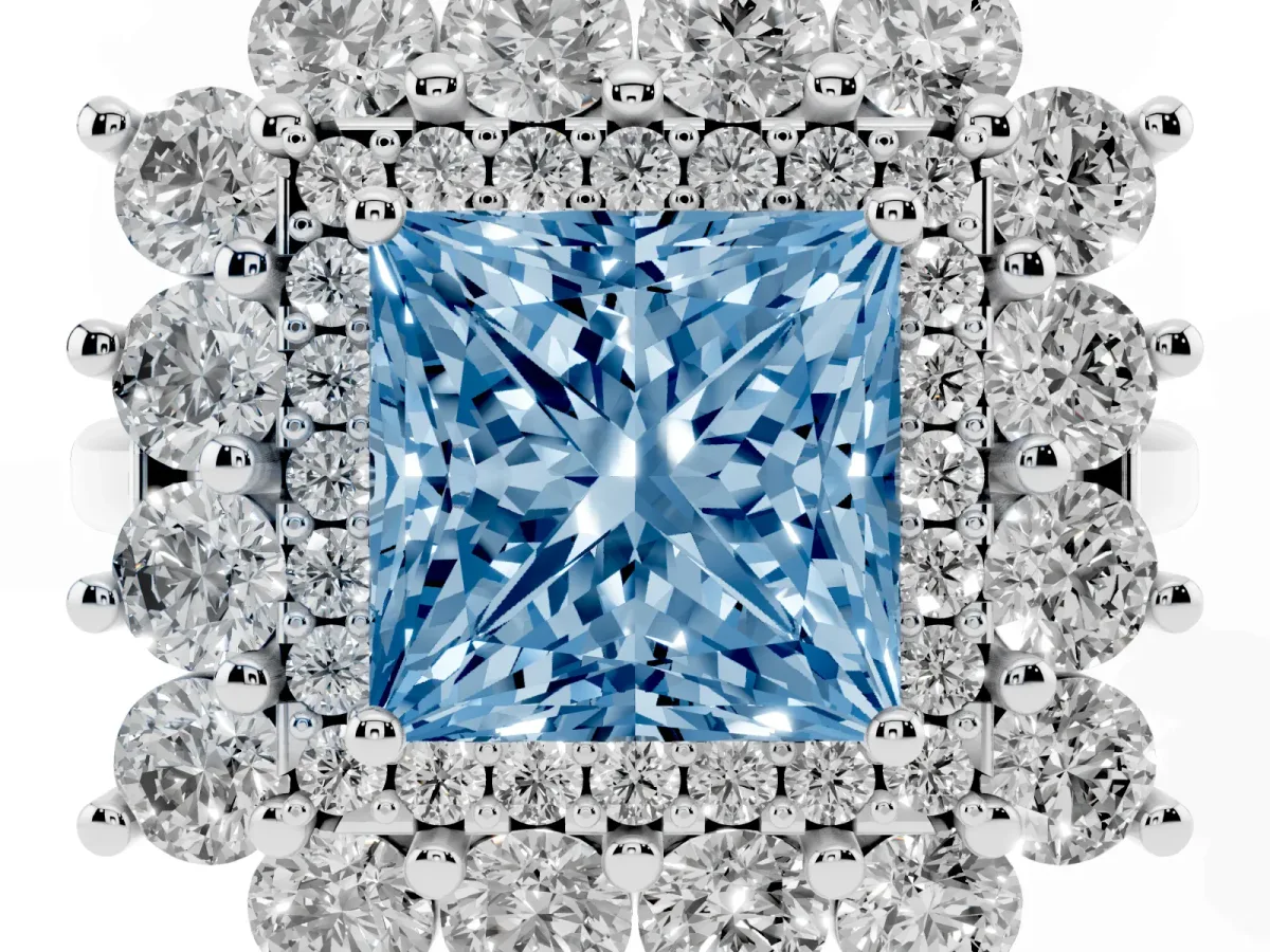 Fancy Blue Princess Cut Diamond Floral Double Halo Engagement Ring with Prong Setting Silver
