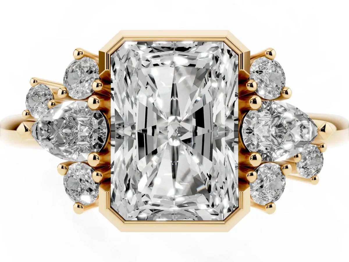 Radiant Diamond Engagement Ring with Pear and Round Side Stones Yellow gold