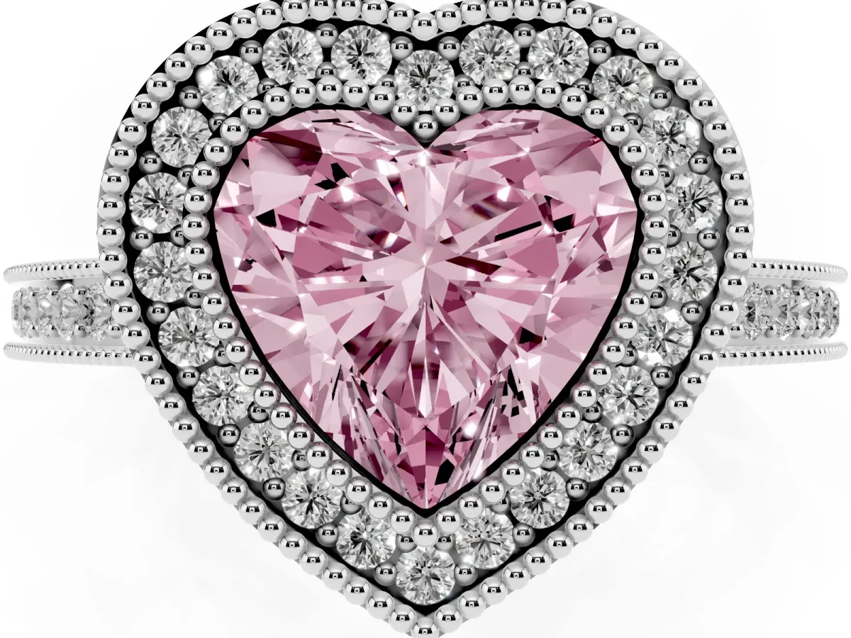 Fancy Pink Heart Cut Cut Halo Diamond Ring with Pavé Band and Milgrain Prong Setting Silver