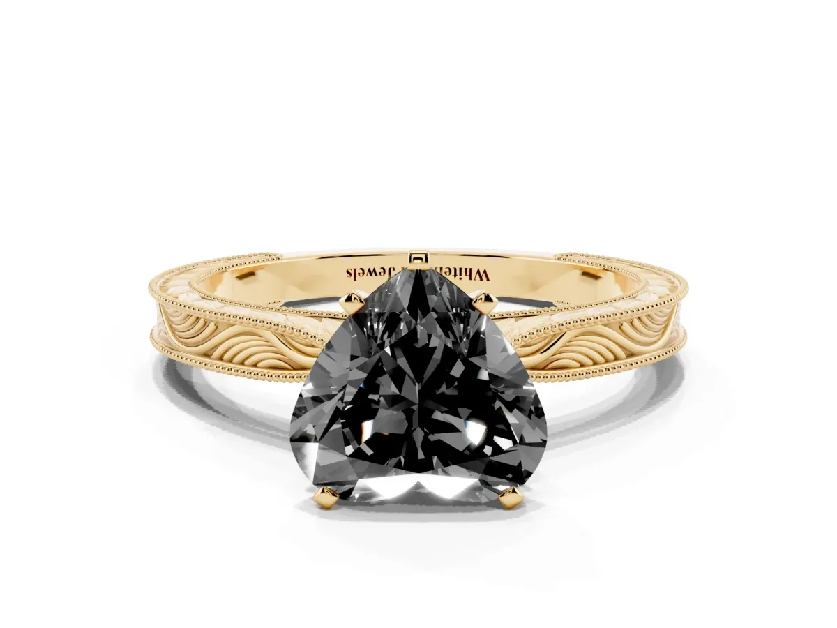 Fancy Black Heart Cut Solitaire Milgrain Engraved Band with Four-Prong Setting Yellow gold