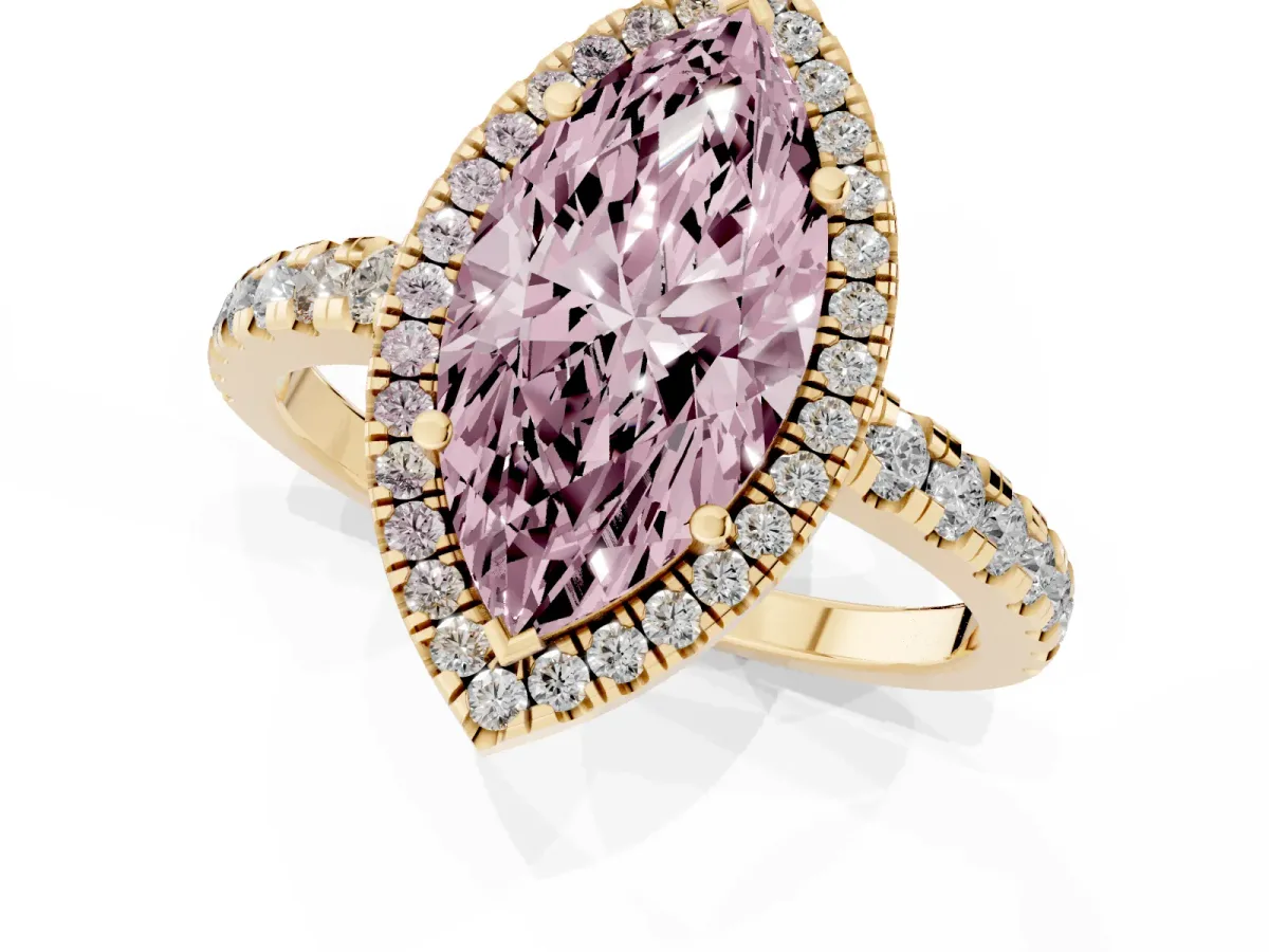 Fancy Pink Marquise Cut Diamond Halo Ring with Pavé Band and Four-Prong Setting Yellow gold