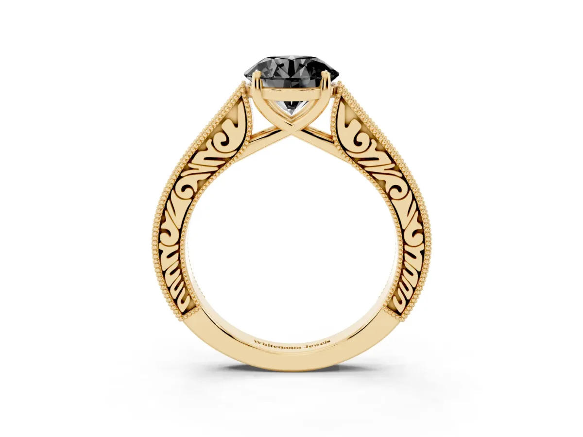 Fancy Black Round Cut Cut Pave Band Milgrain Solitaire Ring Yellow gold