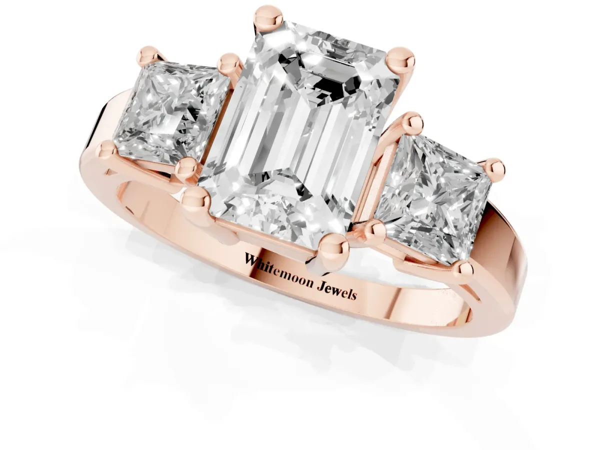 Three-Stone Emerald Cut Cut Solitaire Ring with Prong Setting Rose gold