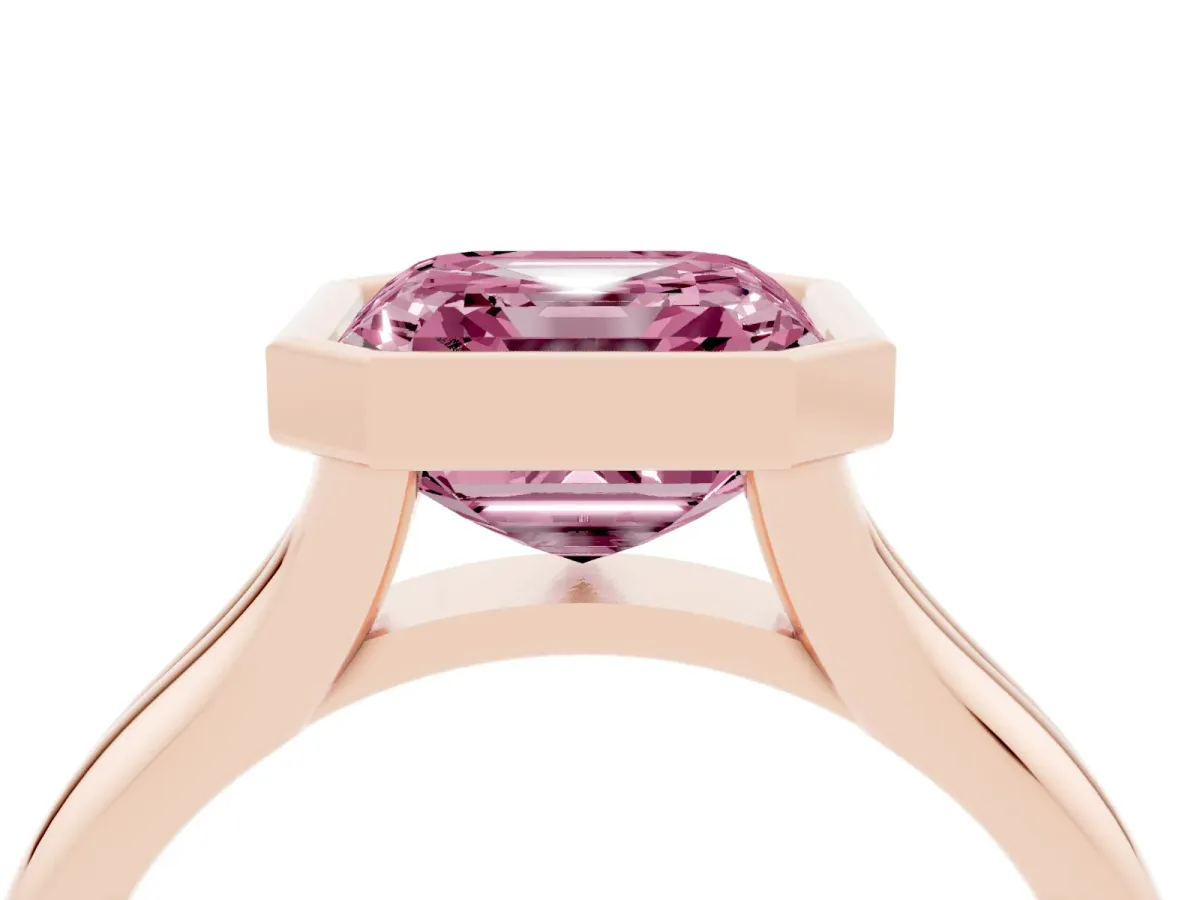 Fancy Pink Bezel Set Asscher Cut Solitaire Diamond Ring with Smooth Band Rose gold