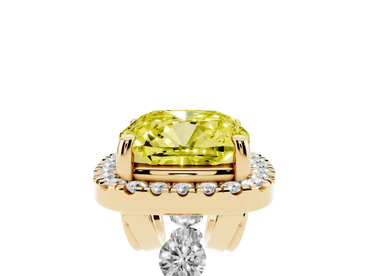 Fancy Yellow Cushion Cut Halo Pavé Diamond Engagement Ring with Four-Prong Setting Yellow gold