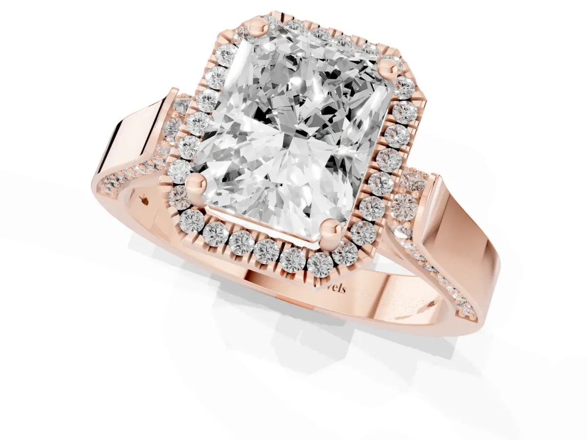 Radiant Cut Halo Round Diamond Twist Band with Four-Prong Setting Rose gold
