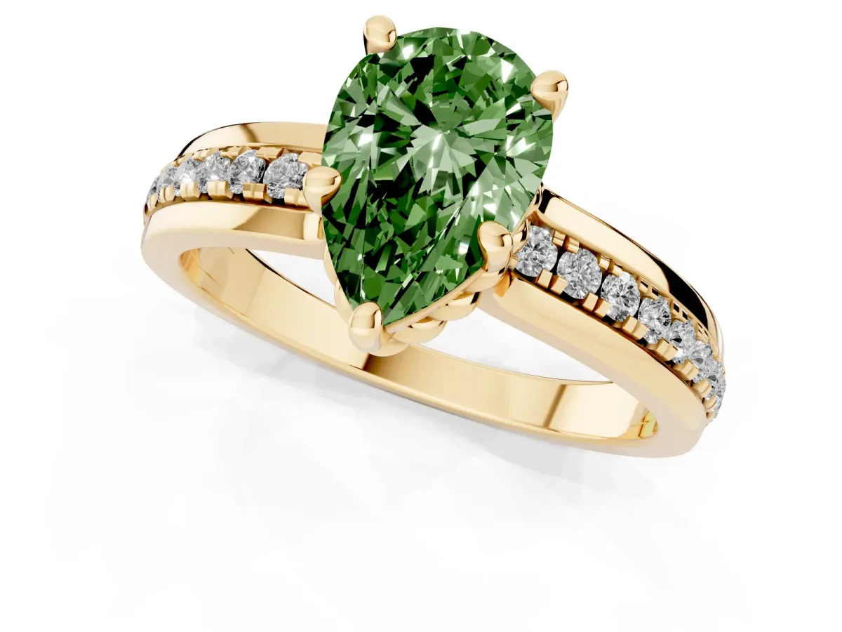 Fancy Green Pear Cut Solitaire Diamond Ring with Channel Set Band and Six-Prong Setting Yellow gold