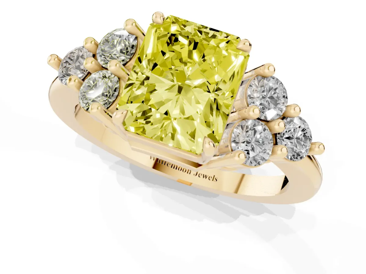Fancy Yellow Radiant Cut Brilliant Diamond Cluster Accent Solitaire Ring with Prong Setting Yellow gold