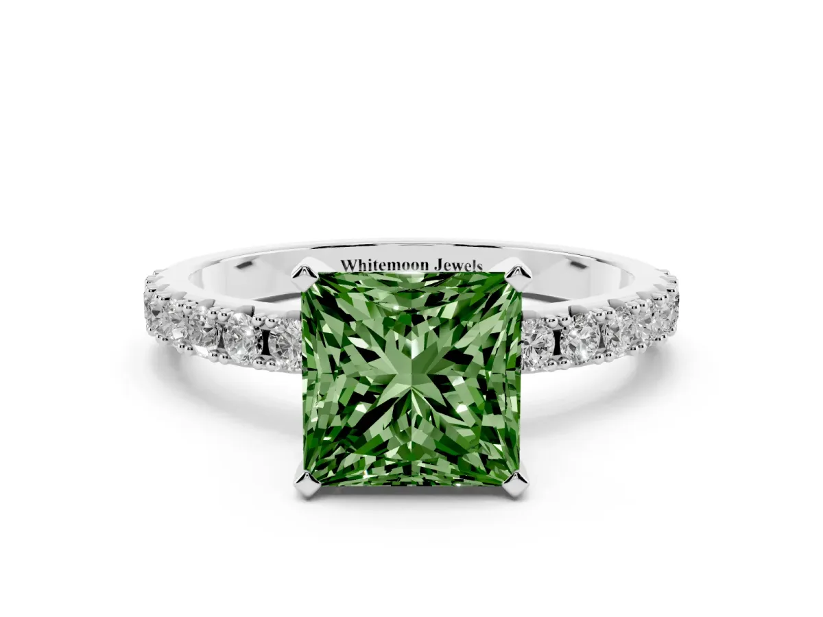 Fancy Green Princess Cut Diamond Solitaire Pavé Band with Four-Prong Setting White gold
