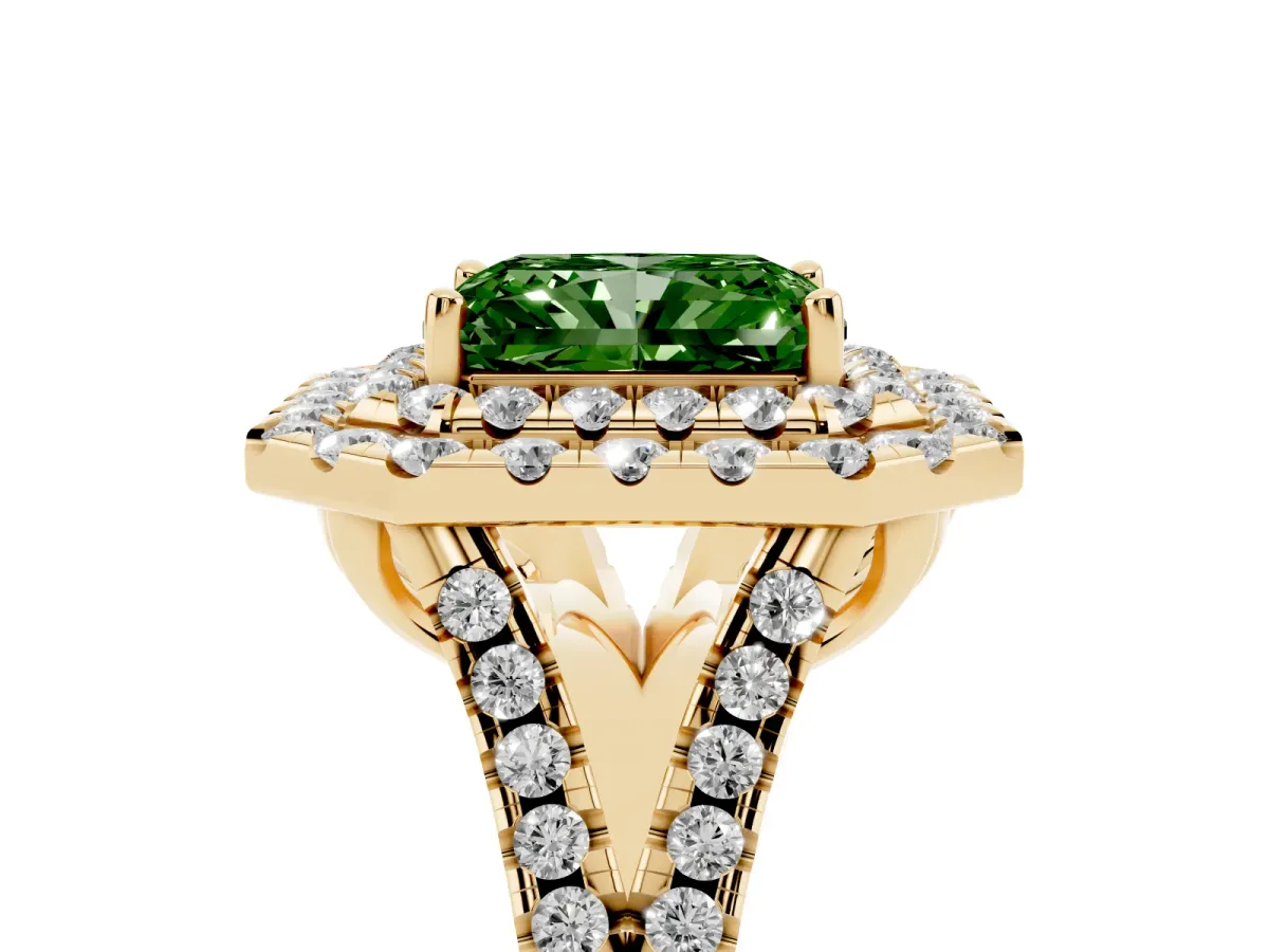 Fancy Green Double Halo Radiant Cut Diamond Pavé Split Shank Ring with Prong Setting Yellow gold