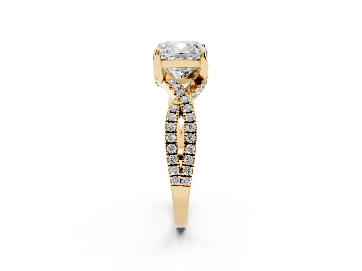 Cushion Cut Solitaire Twist Pave Diamond Engagement Ring with Prong Setting Yellow gold