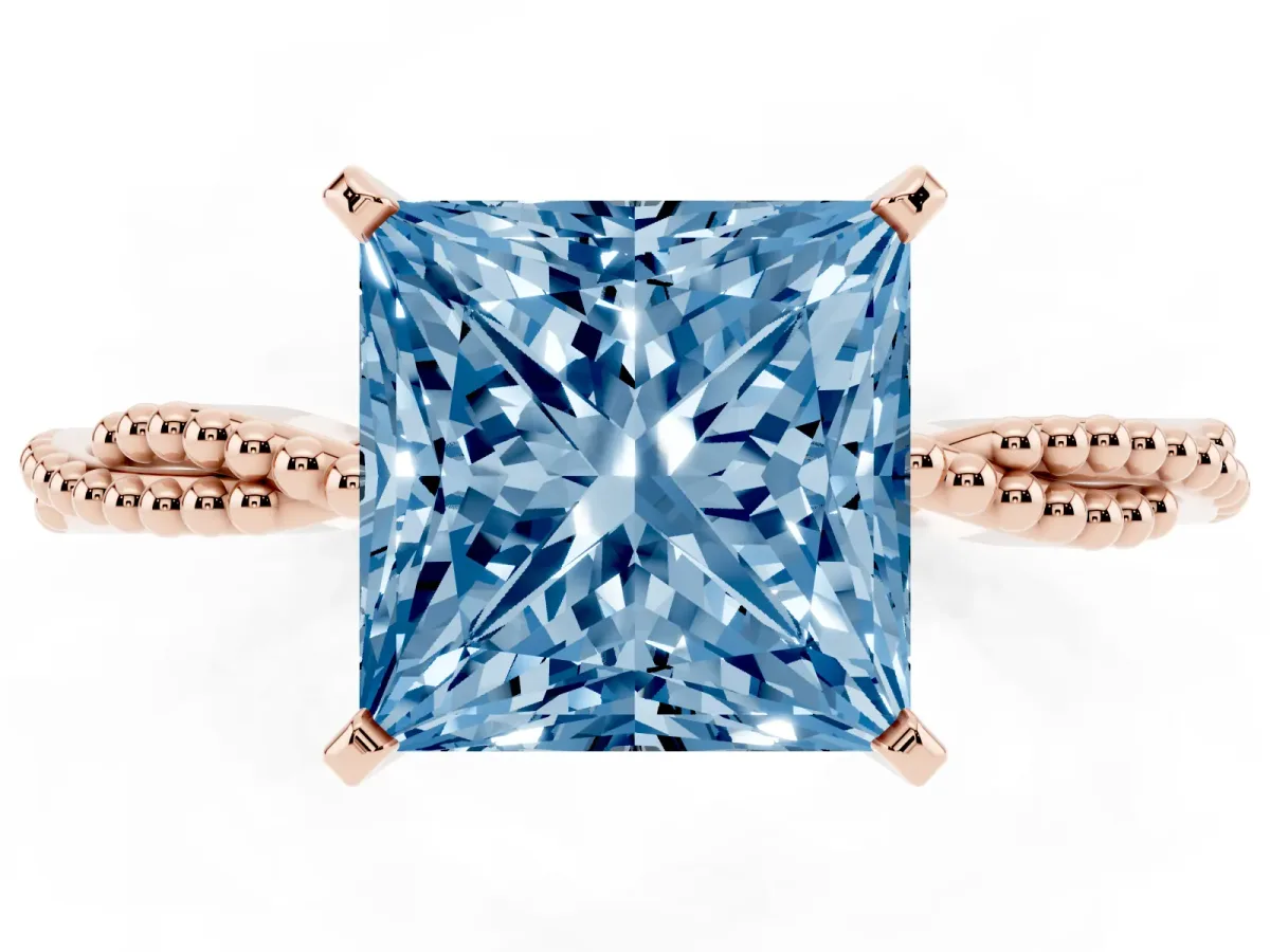 Fancy Blue Princess Cut Solitaire Twisted Band with Bead Prong Setting Rose gold