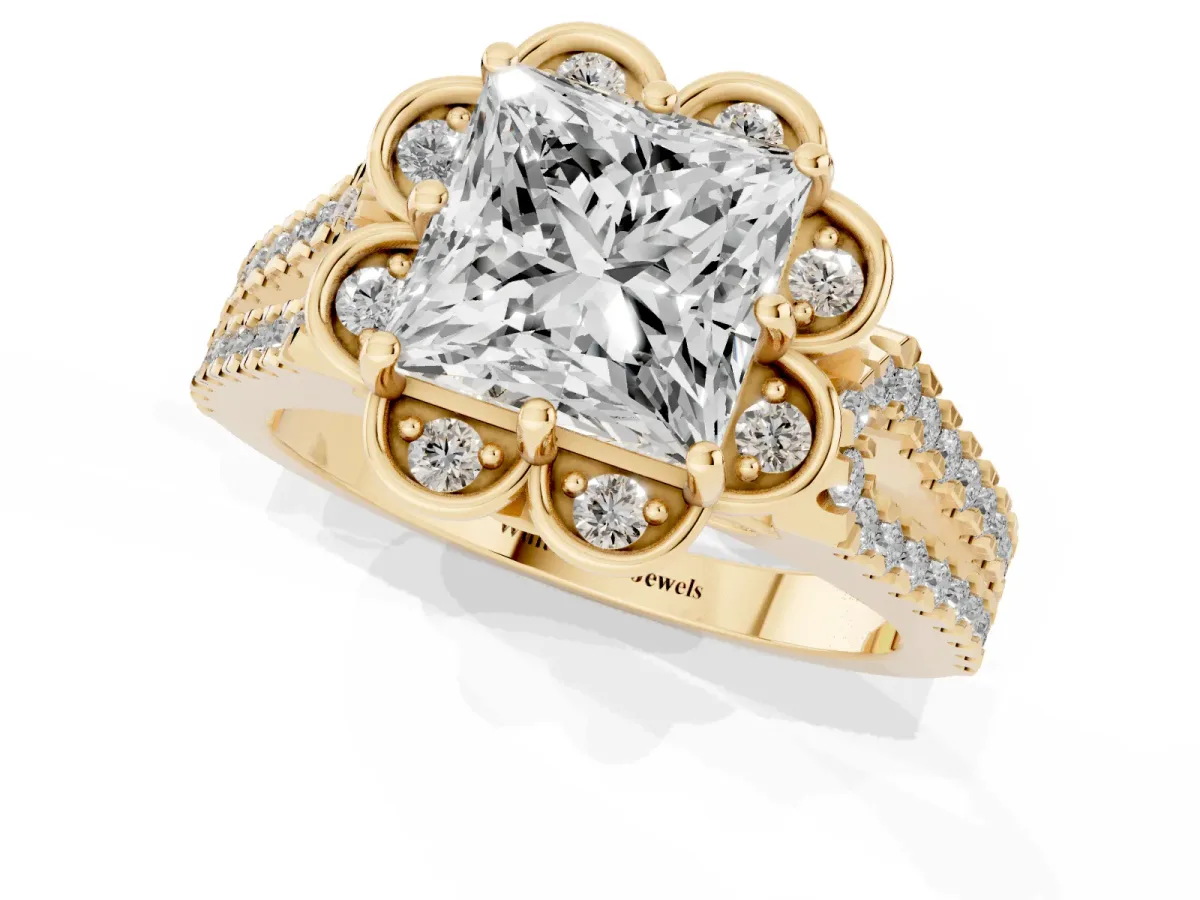 Princess Cut Halo Diamond Floral Split Shank Engagement Ring Yellow gold