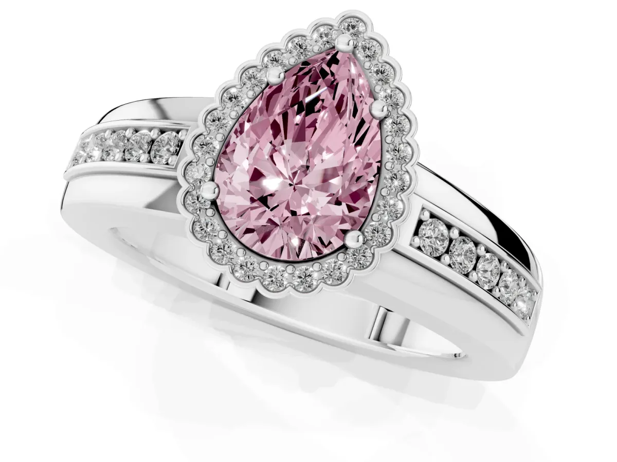 Fancy Pink Pear Cut Cut Halo Pave Band Four-Prong Ring Silver
