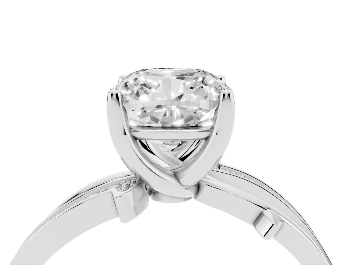 Cushion Cut Solitaire Twist Band with Pavé Accents and Four-Prong Setting White gold