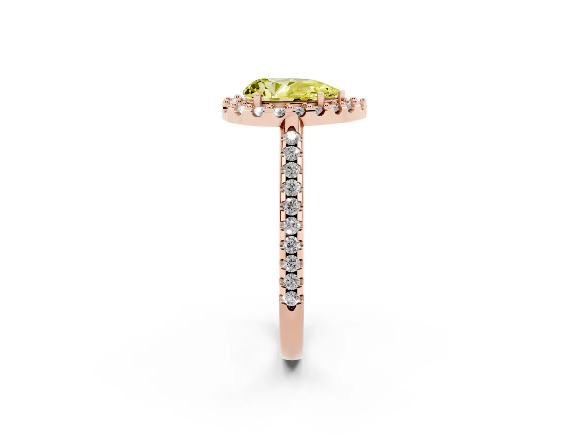 Fancy Yellow Pear Cut Diamond Pavé Halo Ring with Four-Prong Setting Rose gold