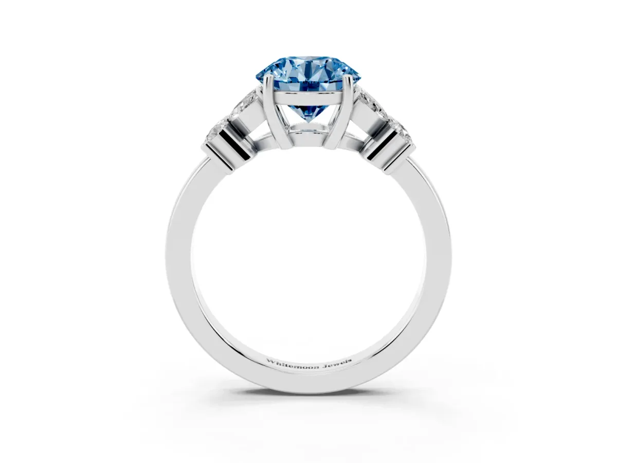Fancy Blue Round Cut Diamond Floral Cluster Ring with Solitaire Band and Prong Setting Silver