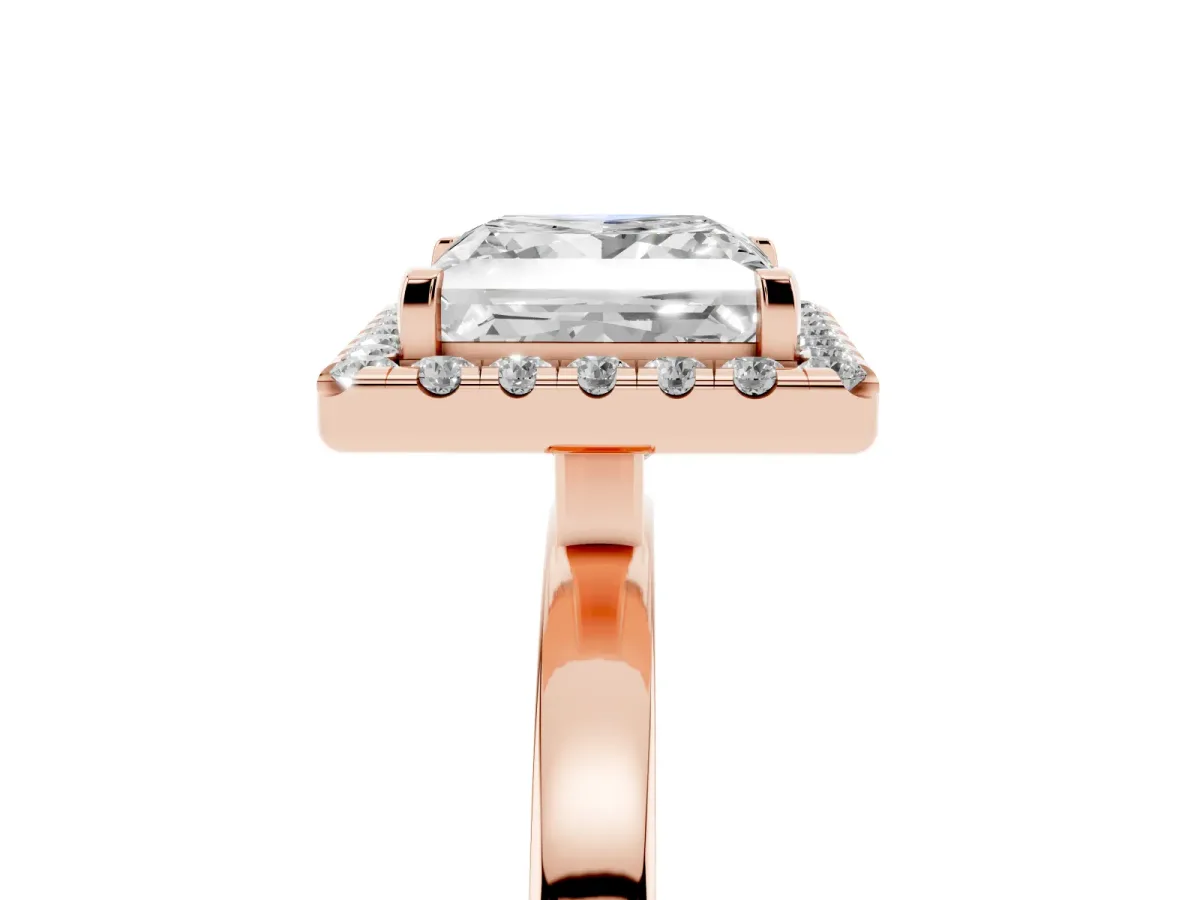 Princess Cut Halo Diamond Solitaire with Pavé Band and Four-Prong Setting Rose gold