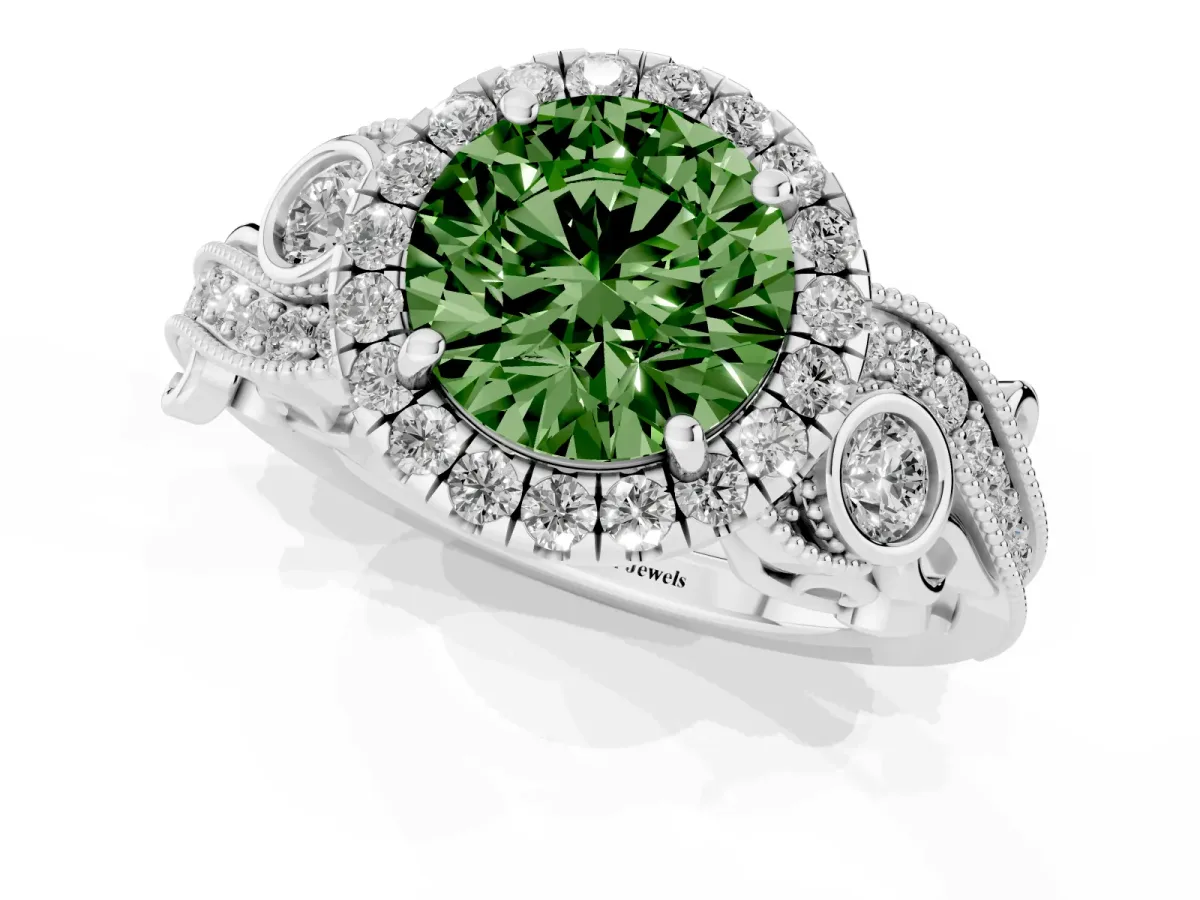 Fancy Green Round Cut Halo Diamond Ring with Milgrain and Bezel Accents on a Split Shank Band White gold