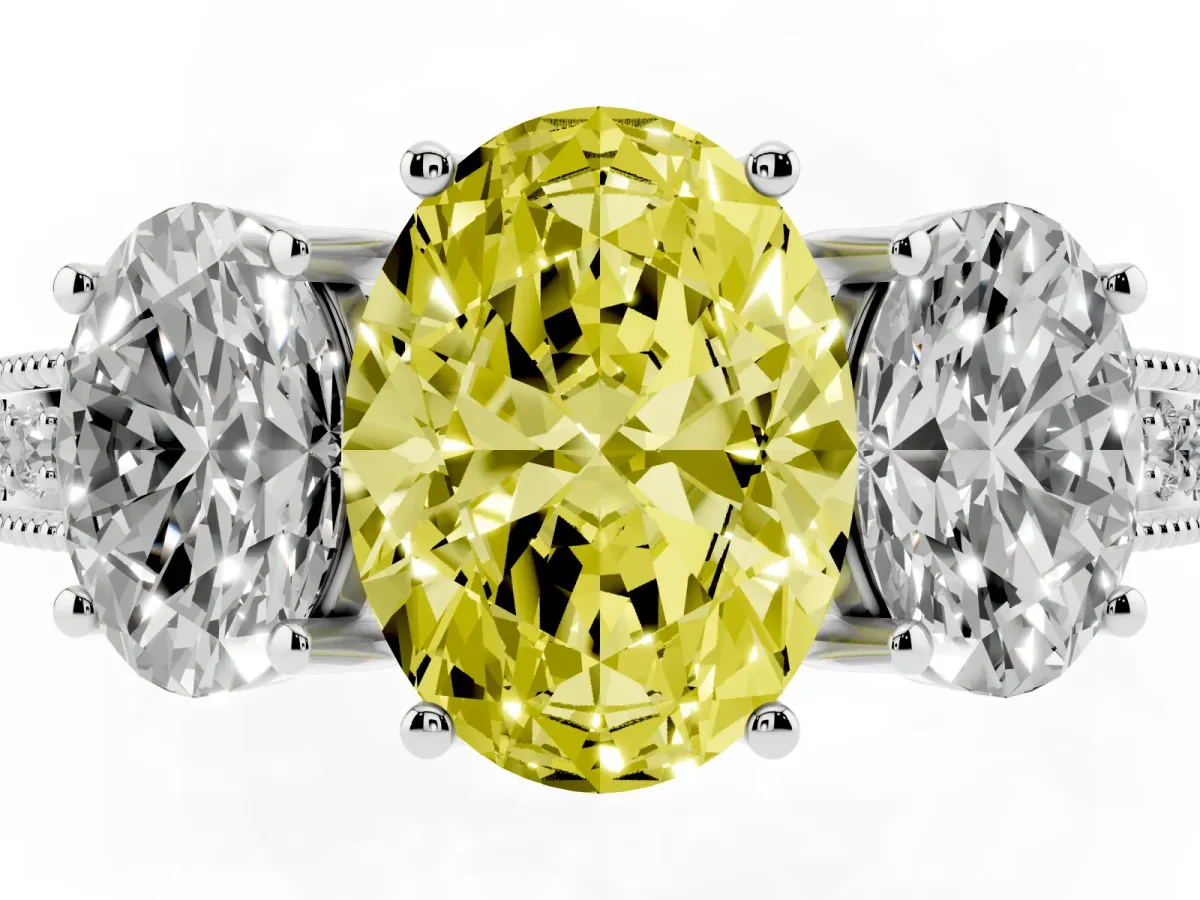 Fancy Yellow Three-Stone Oval Cut Cut Milgrain Pavé Engagement Ring Platinum