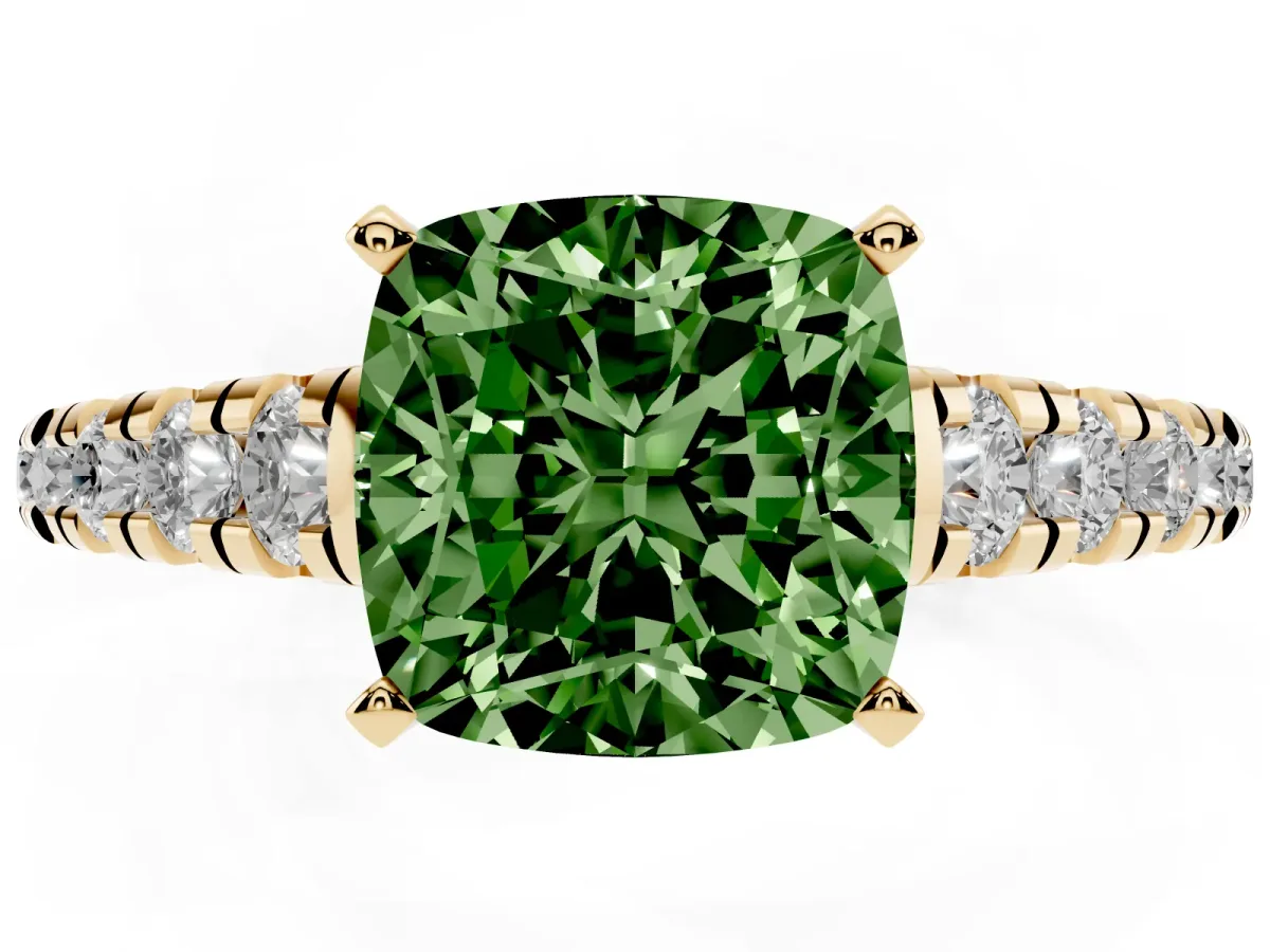 Fancy Green Cushion Cut Diamond Cathedral Solitaire Ring with Round Pavé Band Yellow gold