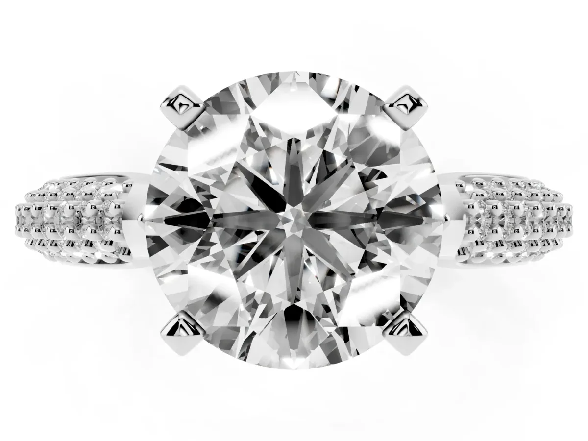Round Cut Diamond Solitaire Engagement Ring with Multi-Row Round Pavé Band and Prong Setting Silver
