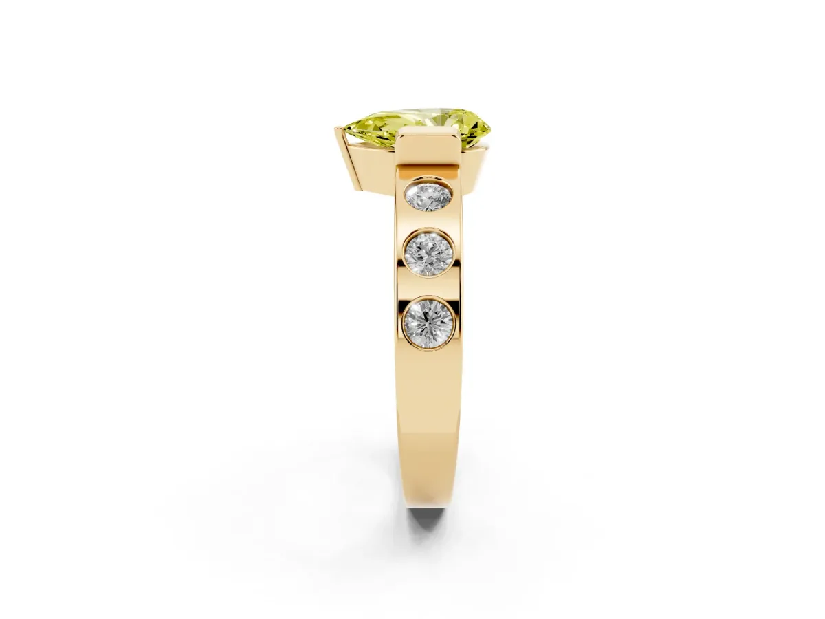 Fancy Yellow Pear Cut Brilliant Channel-Set Diamond Ring with Bezel Prong Setting Yellow gold