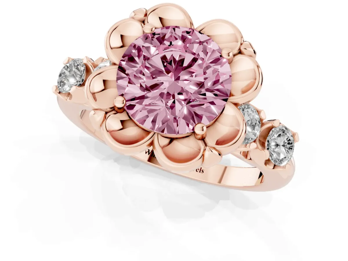 Fancy Pink Round Cut Cut Diamond Floral Halo Engagement Ring with Shared Prong Setting Rose gold