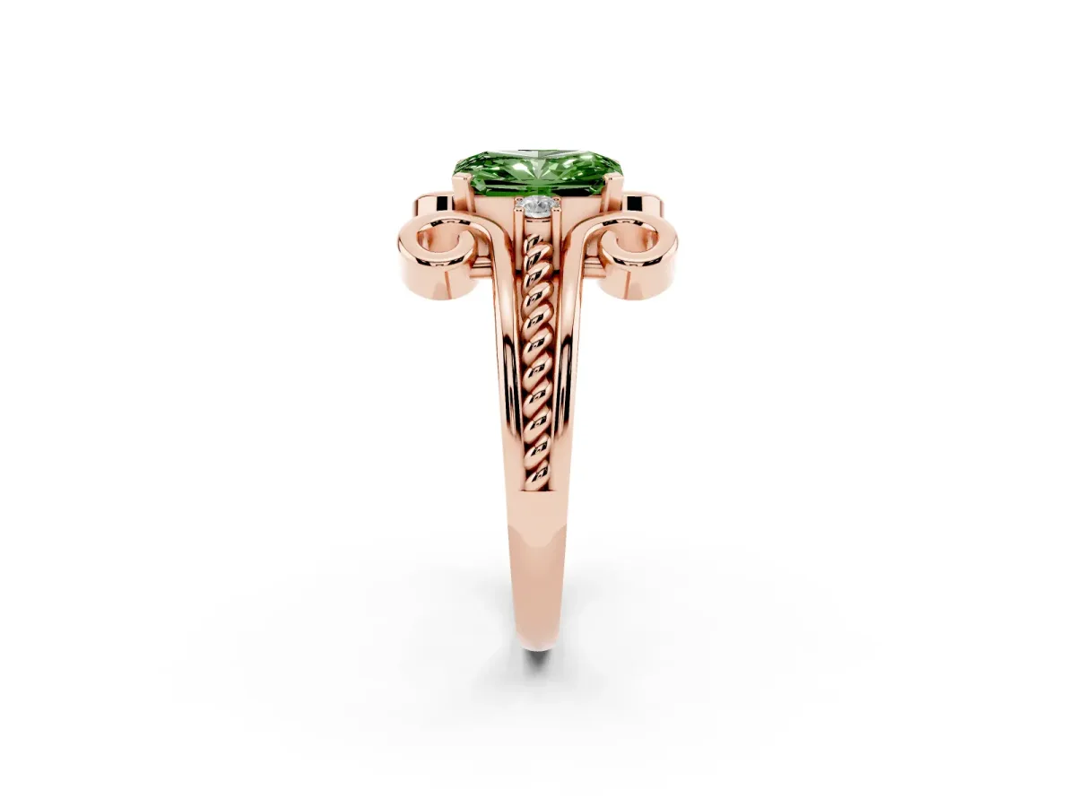 Fancy Green Radiant Cut Solitaire Twisted Band Scroll Prong Ring Rose gold