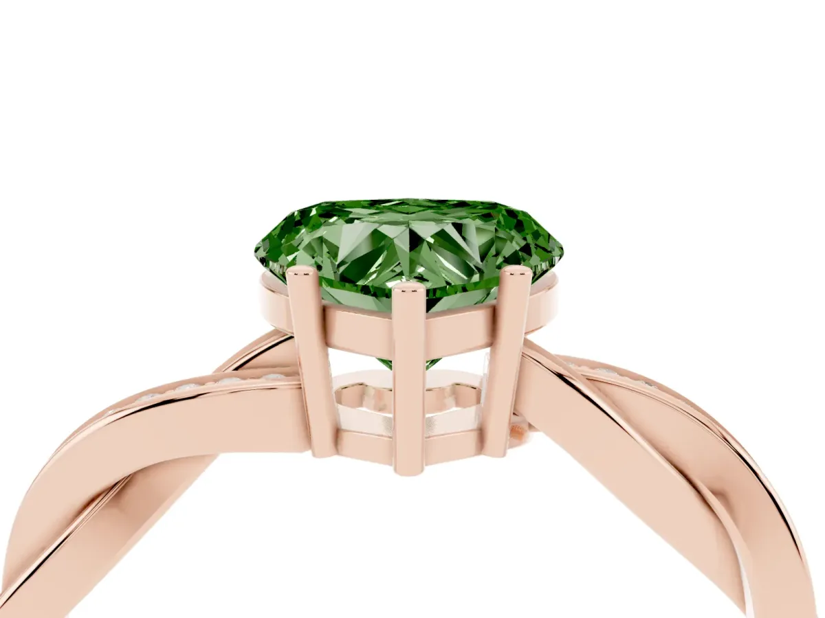 Fancy Green Heart Cut Solitaire Twisted Pave Diamond Ring with Four-Prong Setting Rose gold