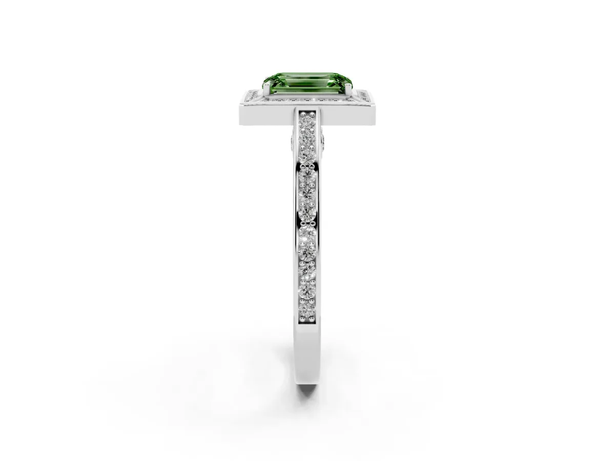 Fancy Green Emerald Cut Cut Halo Pave Split Shank Prong Setting Ring Silver